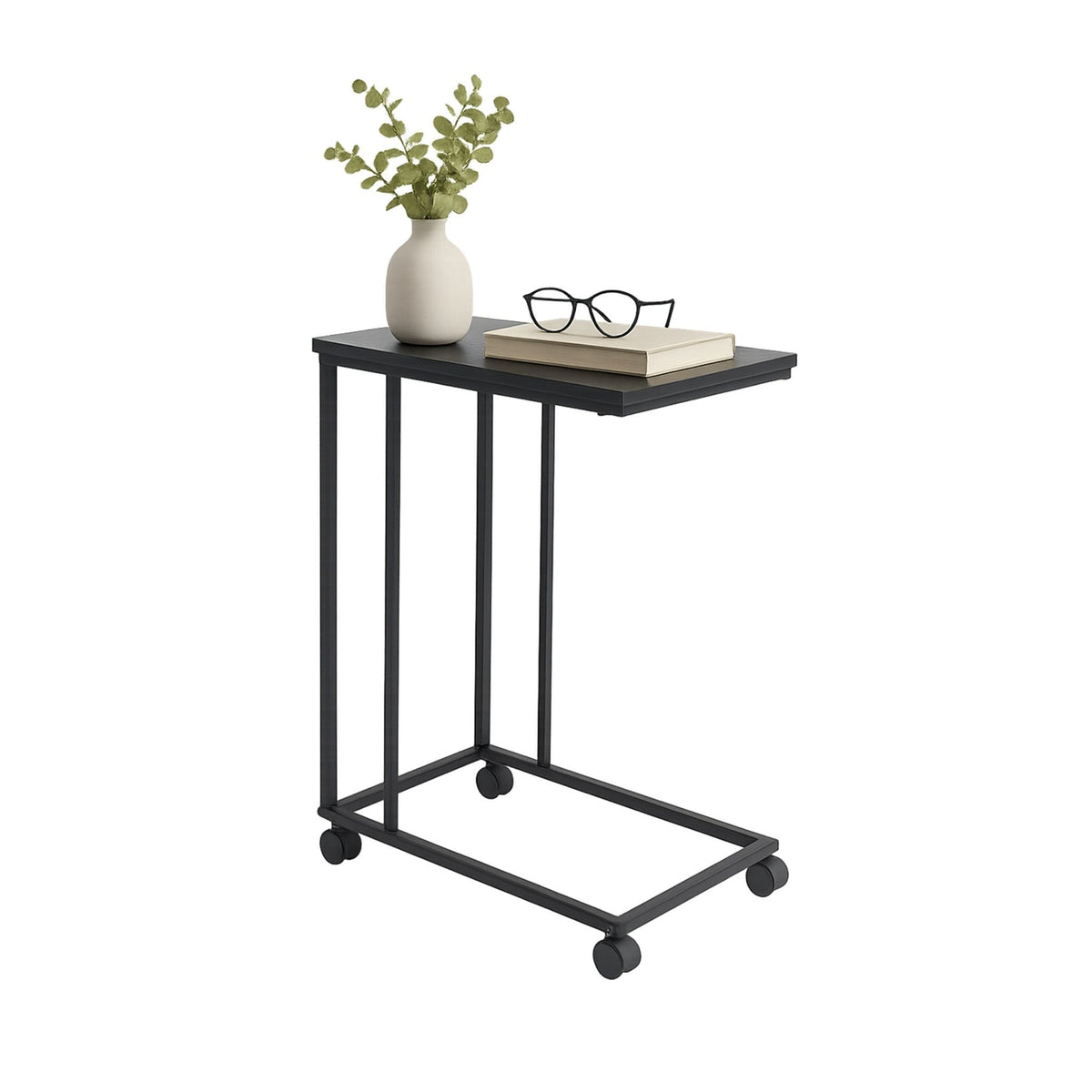 C-Shaped Side Table with Wheels – Wood-Effect Top