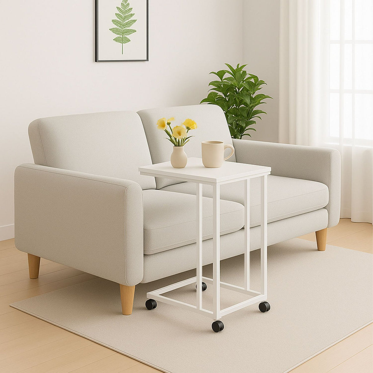 C-Shaped Side Table with Wheels – Wood-Effect Top