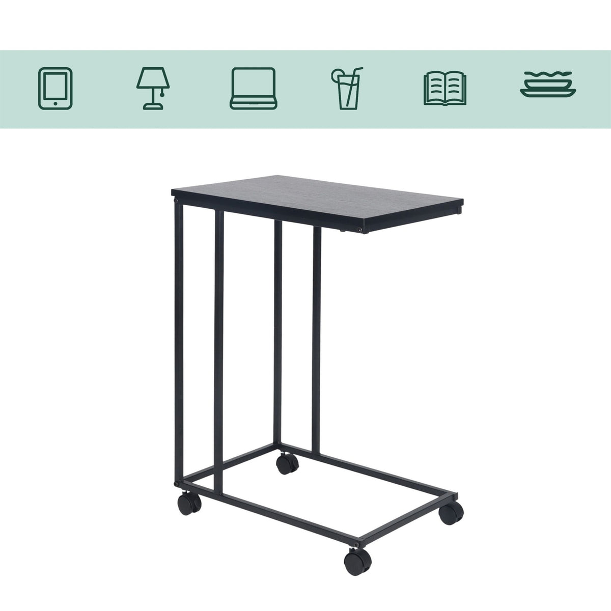 C-Shaped Side Table with Wheels – Wood-Effect Top