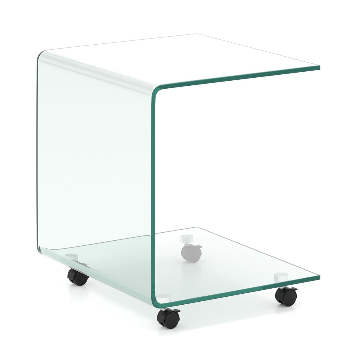 C-Shaped Tempered Glass Side Table with Wheels