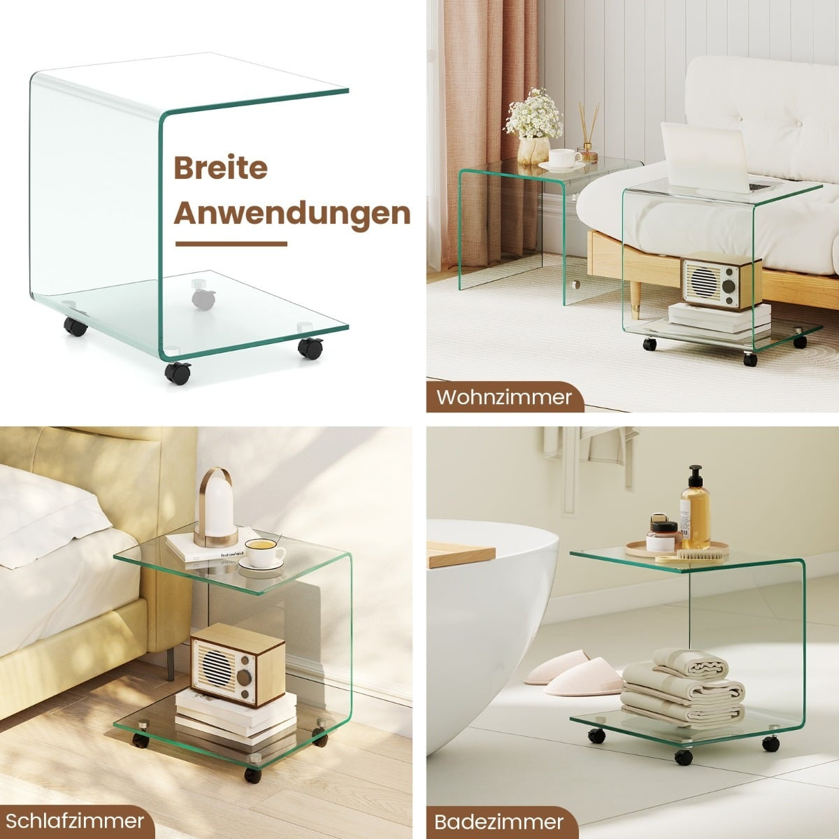 C-Shaped Tempered Glass Side Table with Wheels