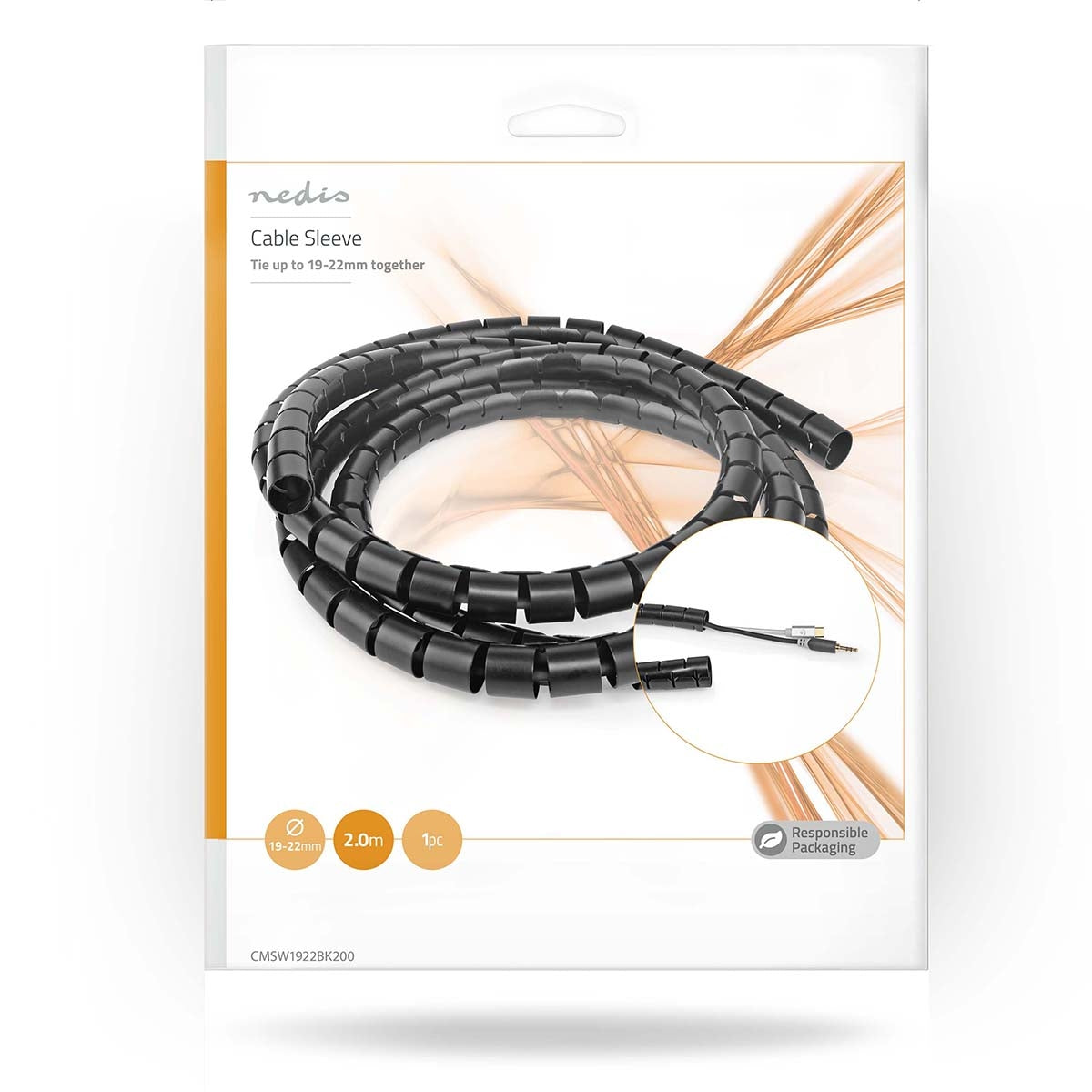 Cable Management | Spiral sleeve | 1 pc. | Maximum cable thickness: 22 mm | PE | Black