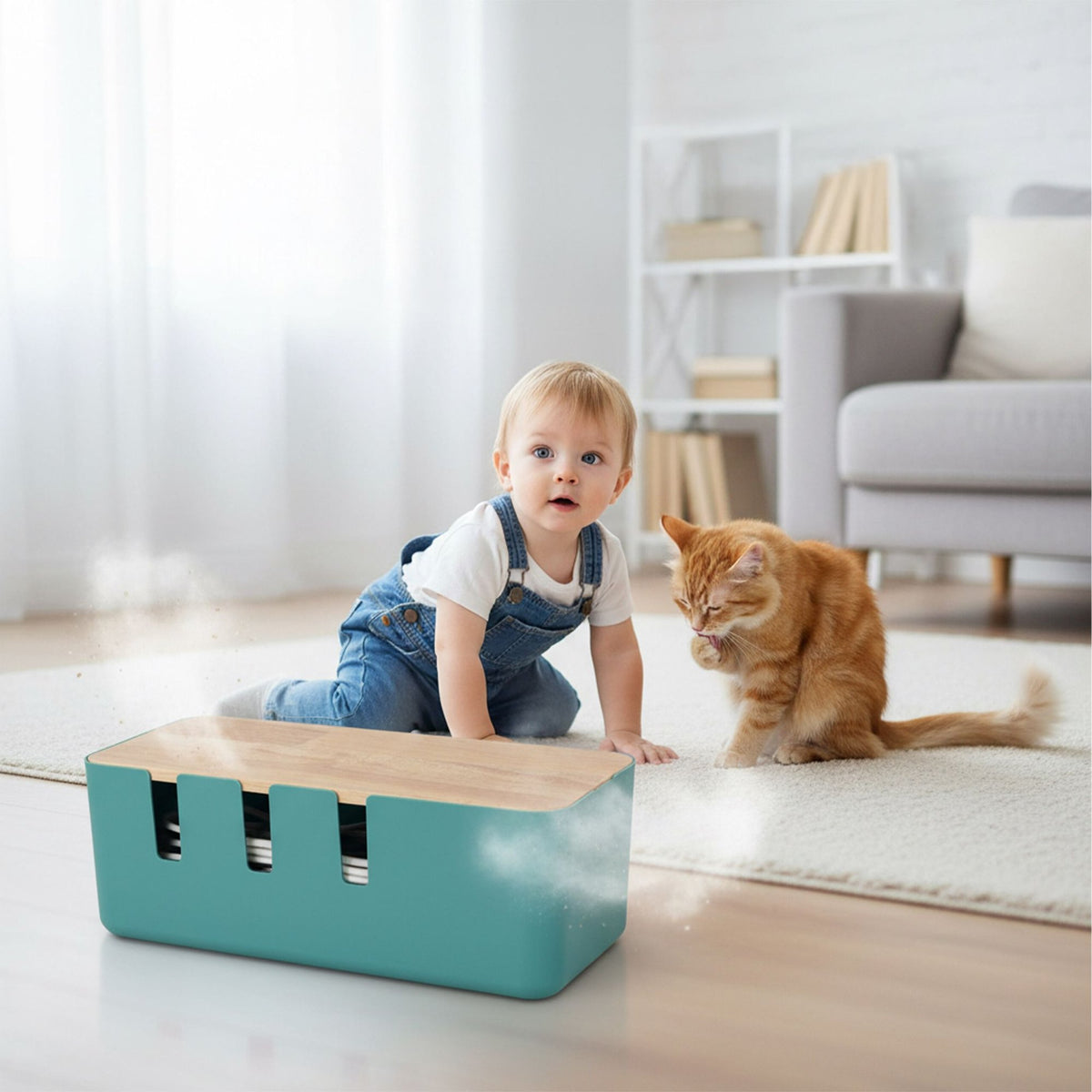 Cable Storage Box with Wooden Lid for Socket Strips