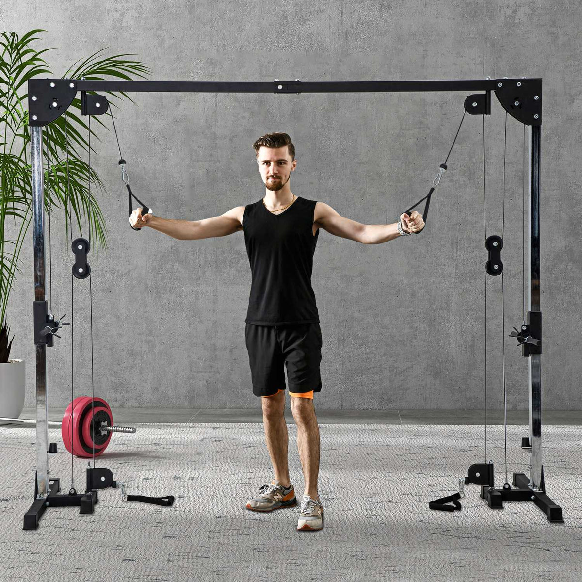 Cable pull Power station for the home, insert weights up to 50 kg load per side, cable pull station with handles, freestanding cable tower cable pull tower for exercises home gym 245 x 207 cm