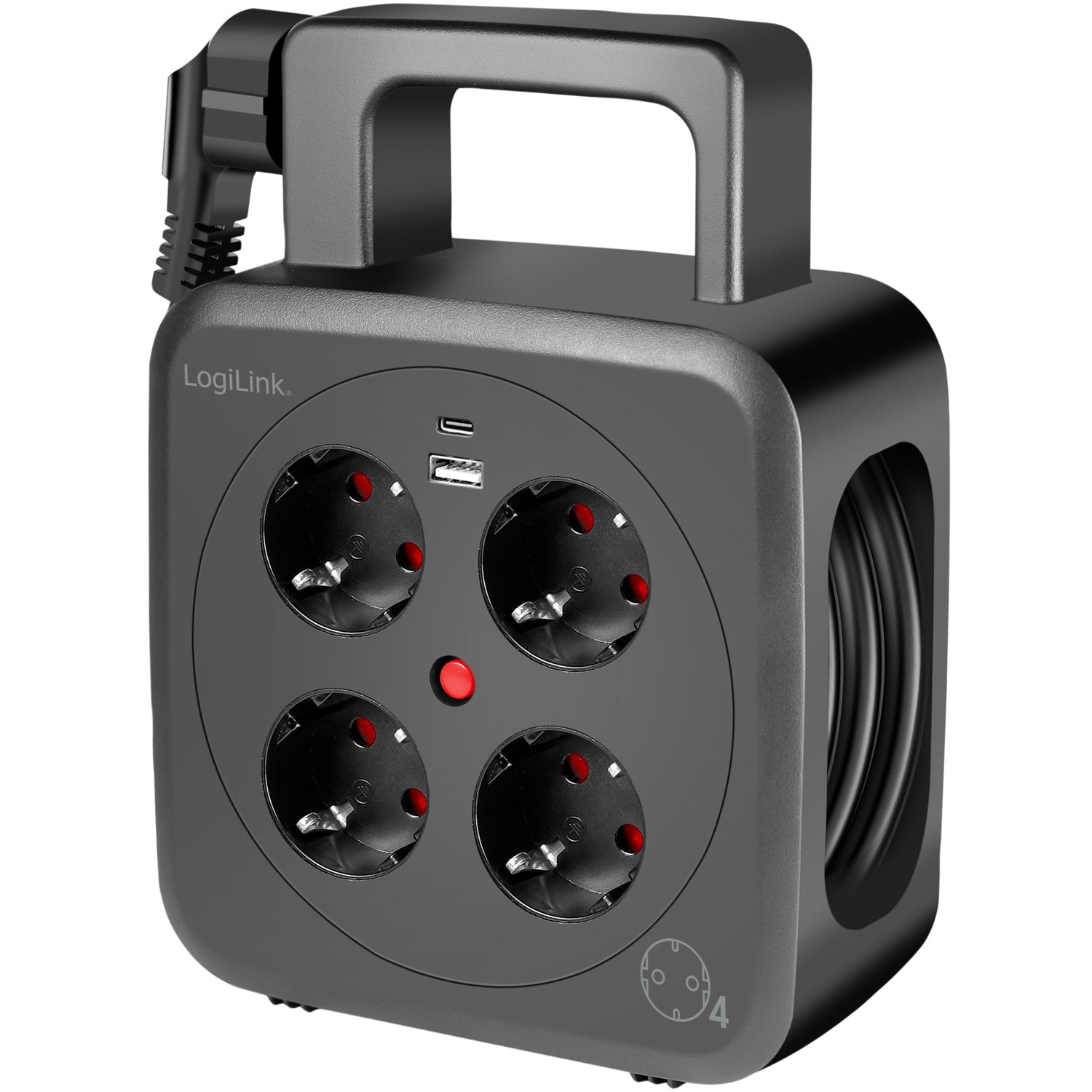 Cable reel 5 meters 4 grounded sockets + USB-A/USB-C 20W IP20