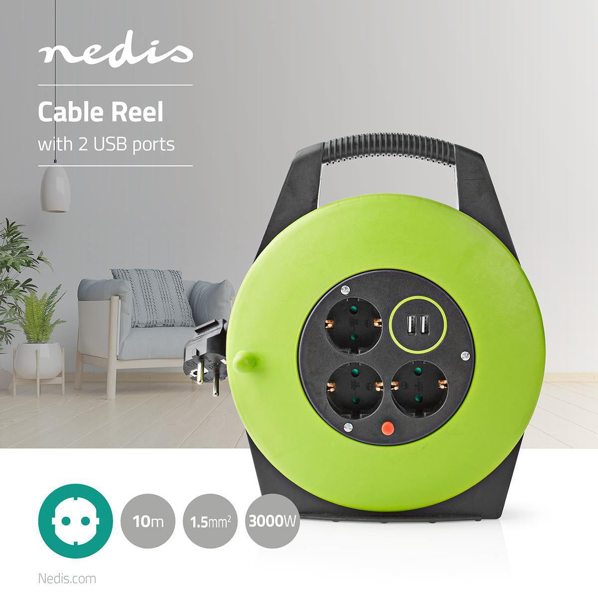 Cable reel | Grounded contact | 10.0 m | 3000 W | 16 A| Type of grounding: Side contact | 230 V AC 50/60 Hz | Outlet angle: 90 ° | H05VV-F 3G1.5mm² | Fuse: Yes | Green / Black