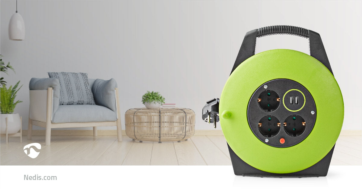 Cable reel | Grounded contact | 10.0 m | 3000 W | 16 A| Type of grounding: Side contact | 230 V AC 50/60 Hz | Outlet angle: 90 ° | H05VV-F 3G1.5mm² | Fuse: Yes | Green / Black