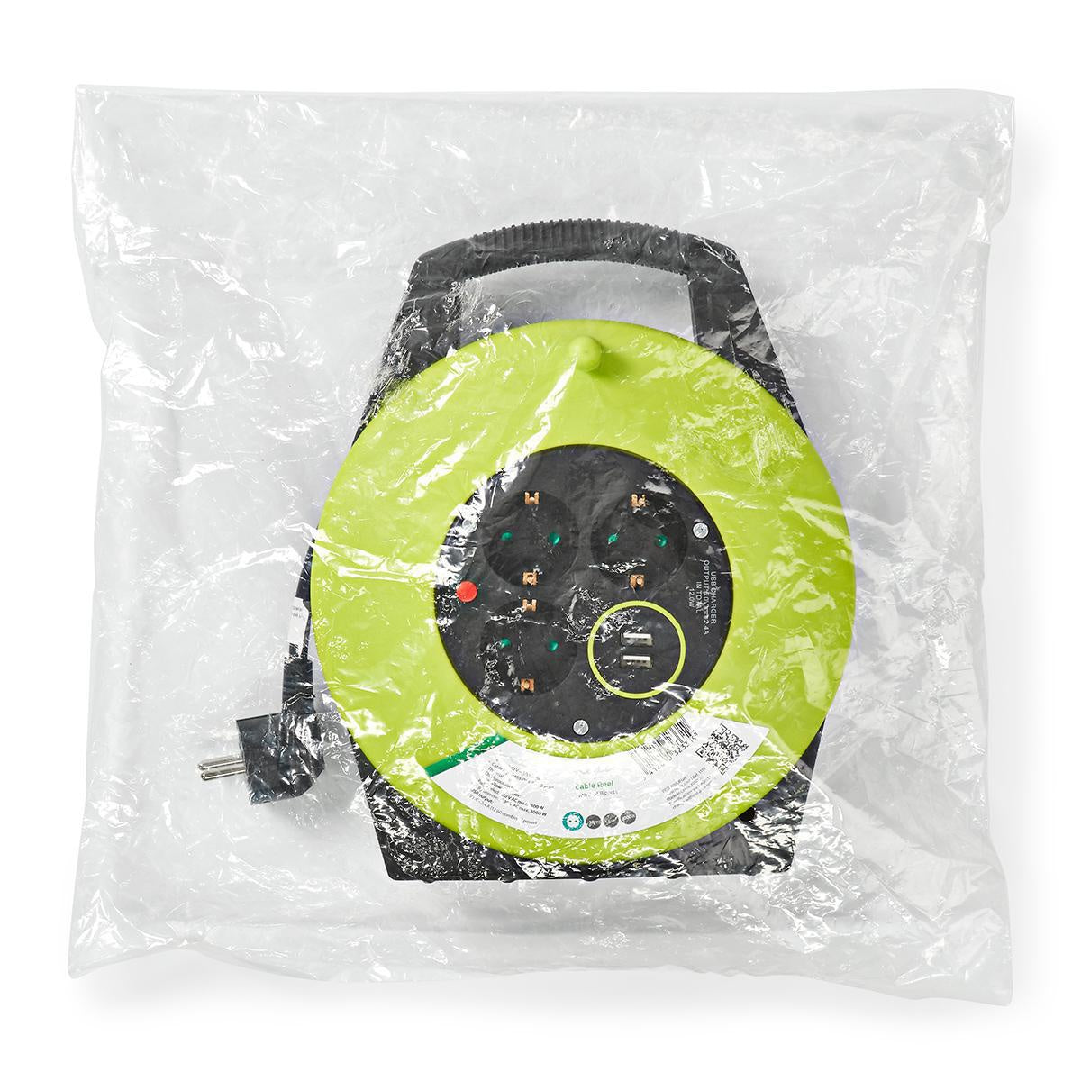 Cable reel | Grounded contact | 10.0 m | 3000 W | 16 A| Type of grounding: Side contact | 230 V AC 50/60 Hz | Outlet angle: 90 ° | H05VV-F 3G1.5mm² | Fuse: Yes | Green / Black