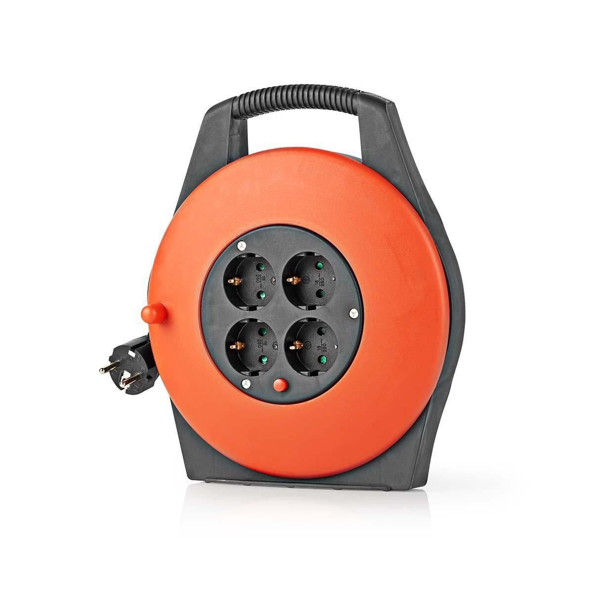 Cable reel | Grounded contact | 10.0 m | 3200 W | 16 A| Type of grounding: Side contact | 230 V AC 50/60 Hz | Outlet angle: 90 ° | H05VV-F 3G1.5mm² | Fuse: Yes | Orange / Black