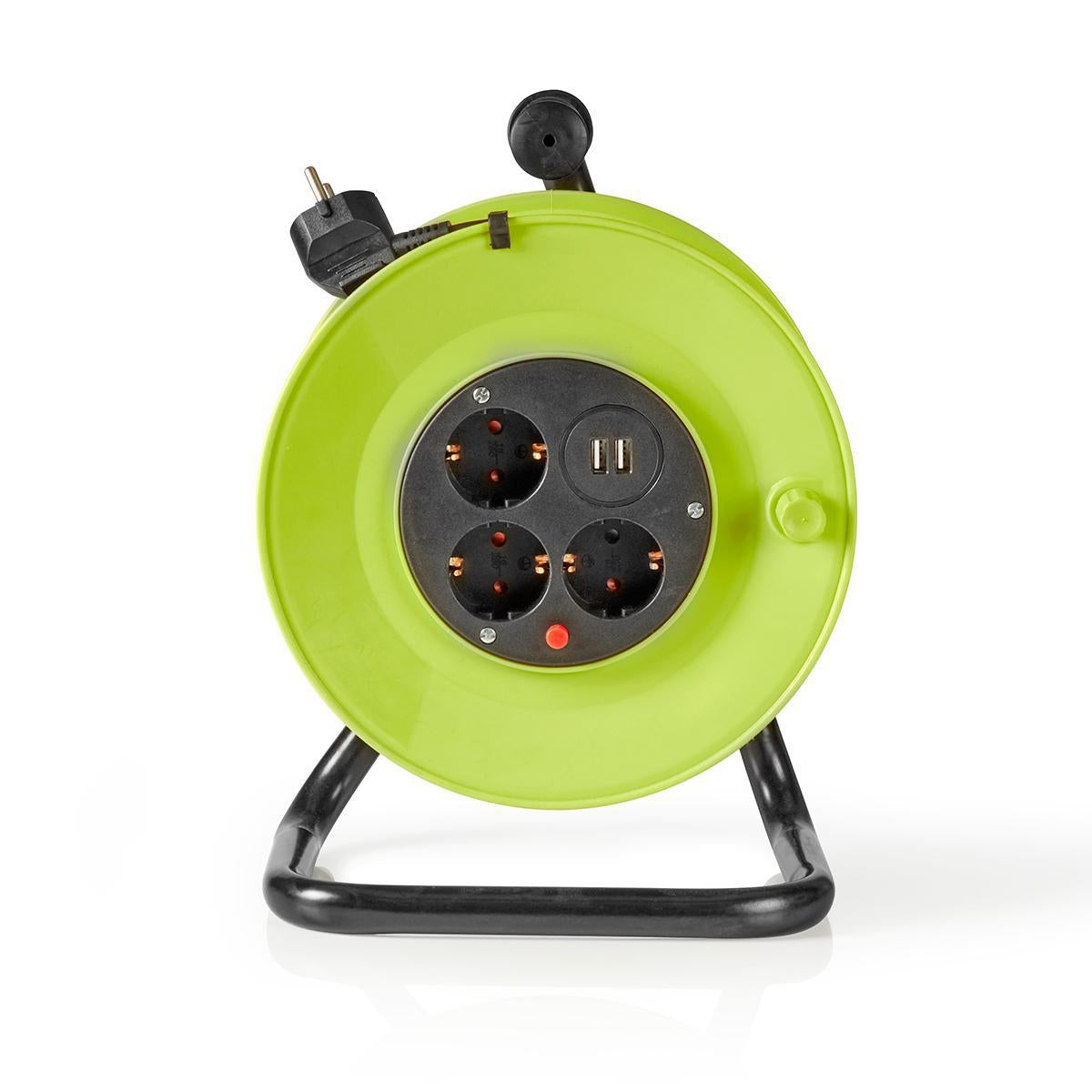 Cable reel | Grounded contact | 25.0 m | 3000 W | 16 A| Type of grounding: Side contact | 230 V AC 50/60 Hz | Outlet angle: 90 ° | H05VV-F 3G1.5mm² | Fuse: Yes | Green / Black