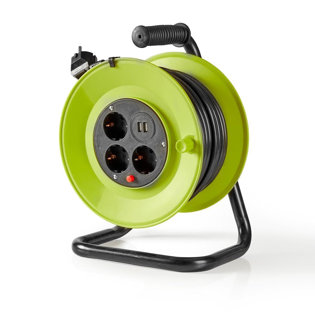 Cable reel | Grounded contact | 25.0 m | 3000 W | 16 A| Type of grounding: Side contact | 230 V AC 50/60 Hz | Outlet angle: 90 ° | H05VV-F 3G1.5mm² | Fuse: Yes | Green / Black