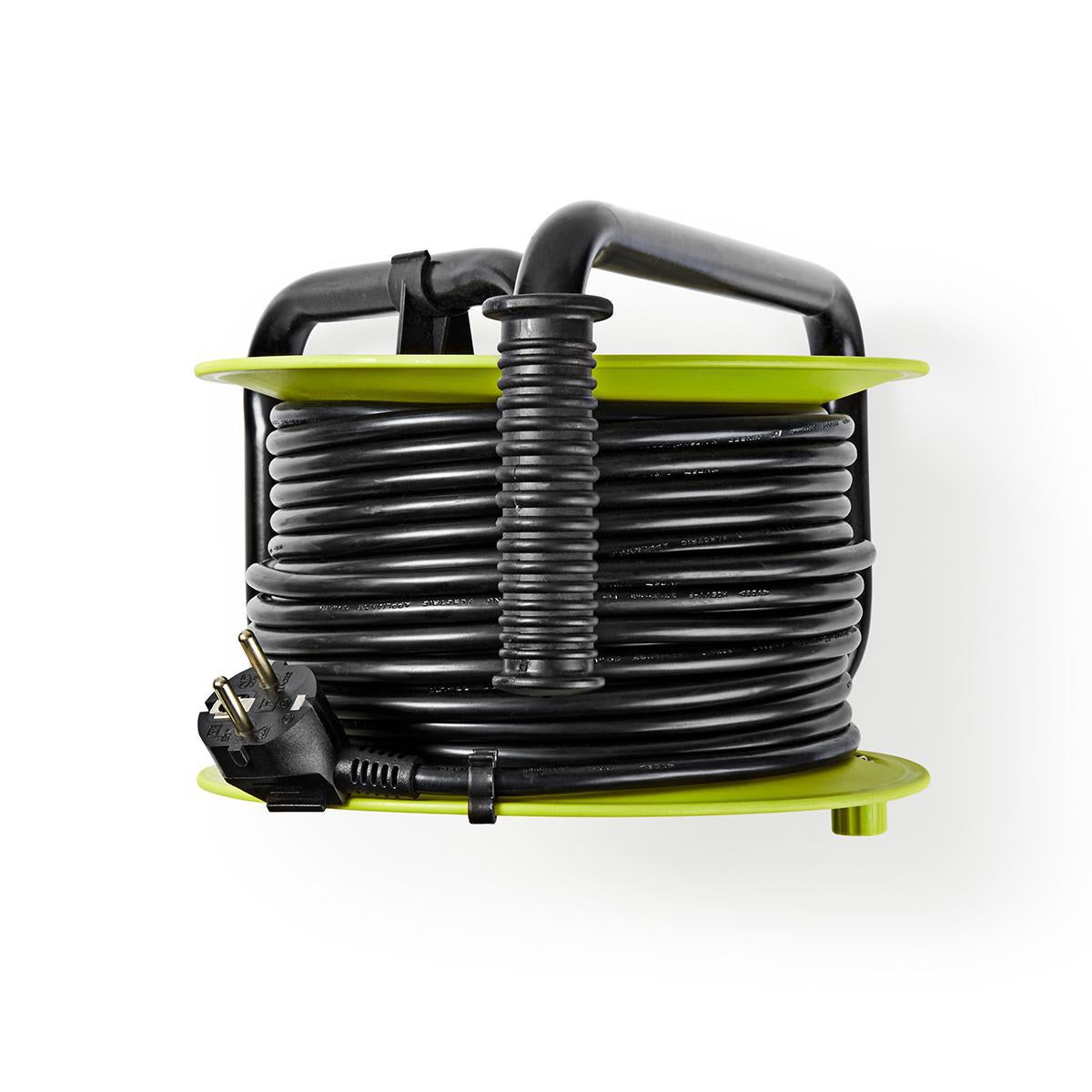 Cable reel | Grounded contact | 25.0 m | 3000 W | 16 A| Type of grounding: Side contact | 230 V AC 50/60 Hz | Outlet angle: 90 ° | H05VV-F 3G1.5mm² | Fuse: Yes | Green / Black