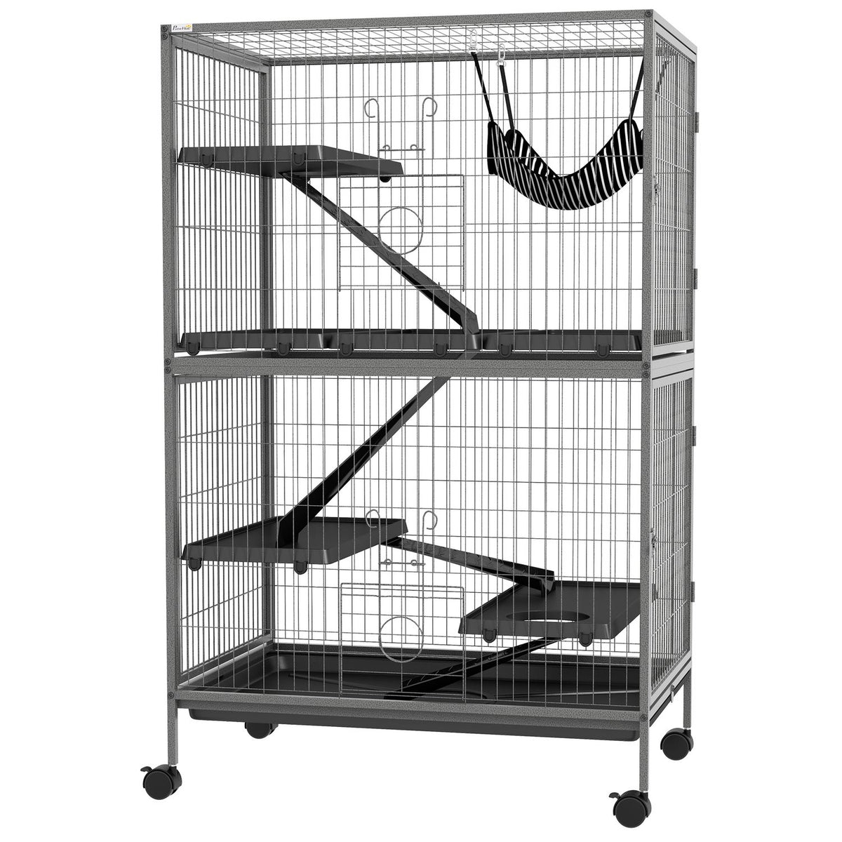 Cage for rodents multifunctional 4 platforms 3 ramps 4 doors dim. 80L x 52W x 128H cm Steel Gray Silver Black