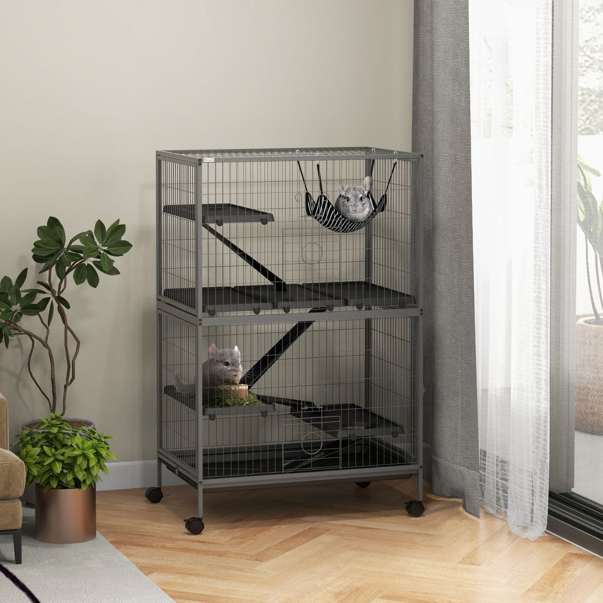 Cage for rodents multifunctional 4 platforms 3 ramps 4 doors dim. 80L x 52W x 128H cm Steel Gray Silver Black