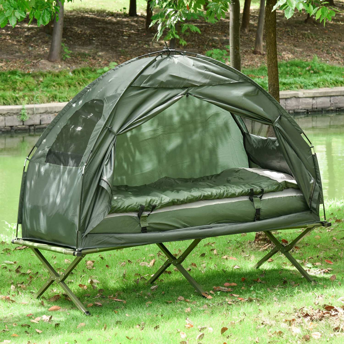 Camp Bed 4 In 1 Camping Set With Tent Sleeping Bag Mattress Foldable, Dark Green