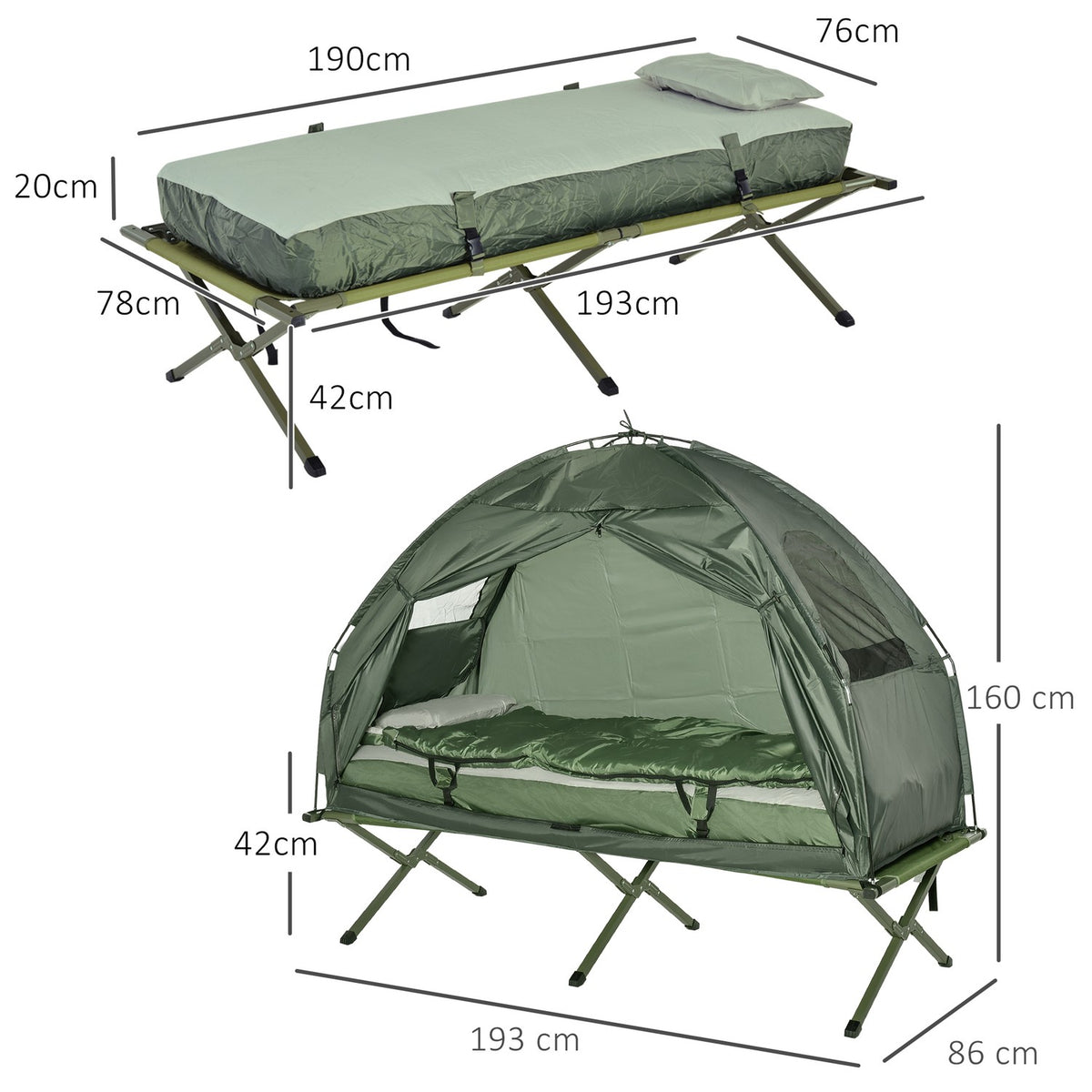 Camp Bed 4 In 1 Camping Set With Tent Sleeping Bag Mattress Foldable, Dark Green