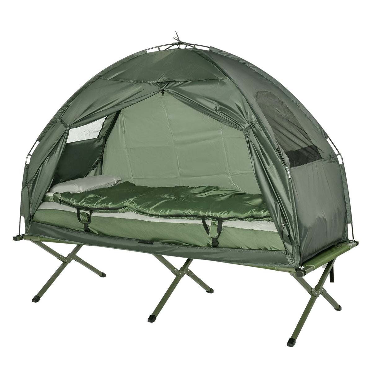 Camp Bed 4 In 1 Camping Set With Tent Sleeping Bag Mattress Foldable, Dark Green
