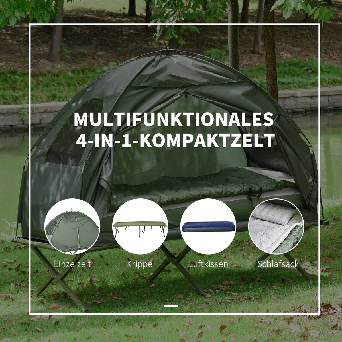 Camp Bed 4 In 1 Camping Set With Tent Sleeping Bag Mattress Foldable, Dark Green