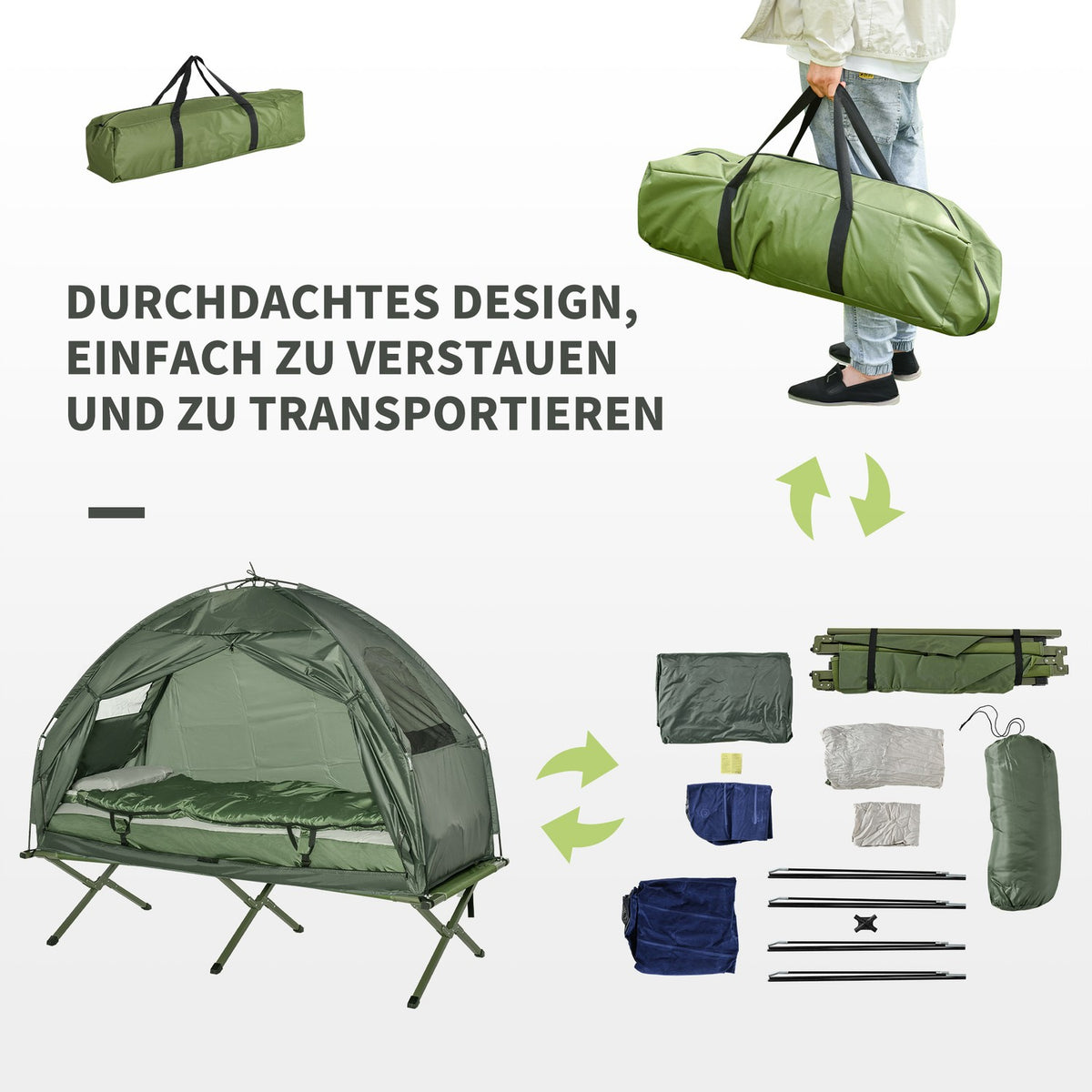 Camp Bed 4 In 1 Camping Set With Tent Sleeping Bag Mattress Foldable, Dark Green