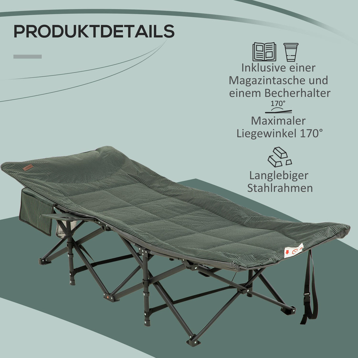 Camp Bed, Camping Bed, Camping Lounger With Bag, Folding Bed With Cup Holder, For Swimming Pool, Balcony, Up To 120 Kg, Gray, 68 X 186 X 48Cm