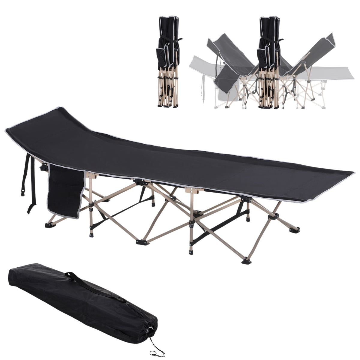 Camp Bed, Foldable Camping Bed, Camping Lounger with Storage Bag, Includes Carry Bag, Oxford, Black, 190 x 68 x 52 cm