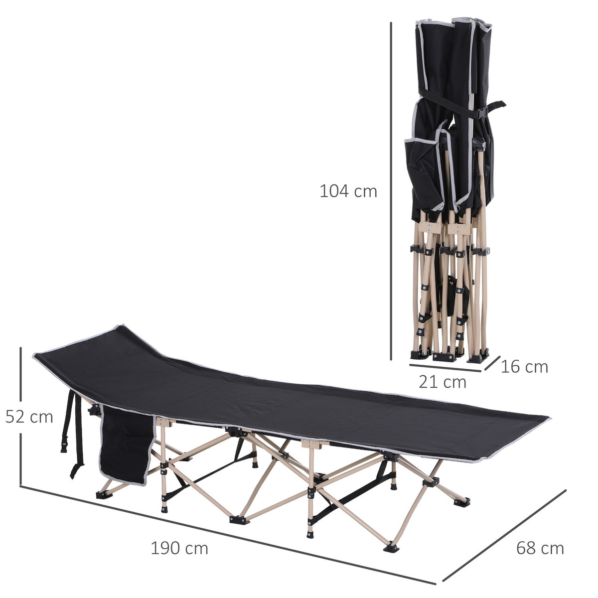Camp Bed, Foldable Camping Bed, Camping Lounger with Storage Bag, Includes Carry Bag, Oxford, Black, 190 x 68 x 52 cm