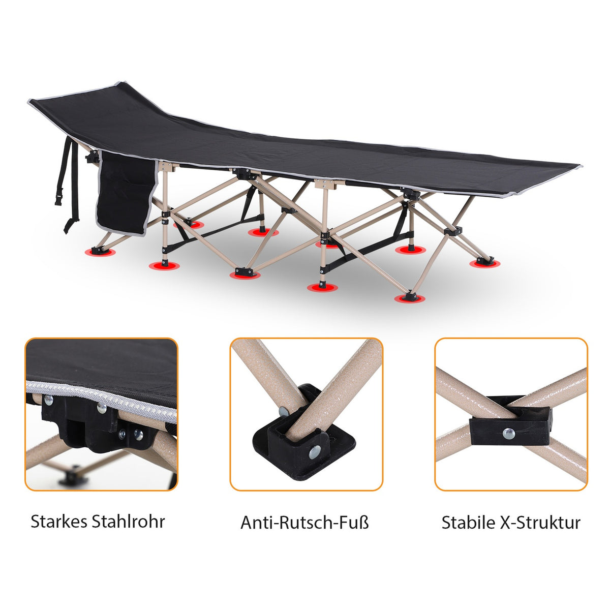 Camp Bed, Foldable Camping Bed, Camping Lounger with Storage Bag, Includes Carry Bag, Oxford, Black, 190 x 68 x 52 cm