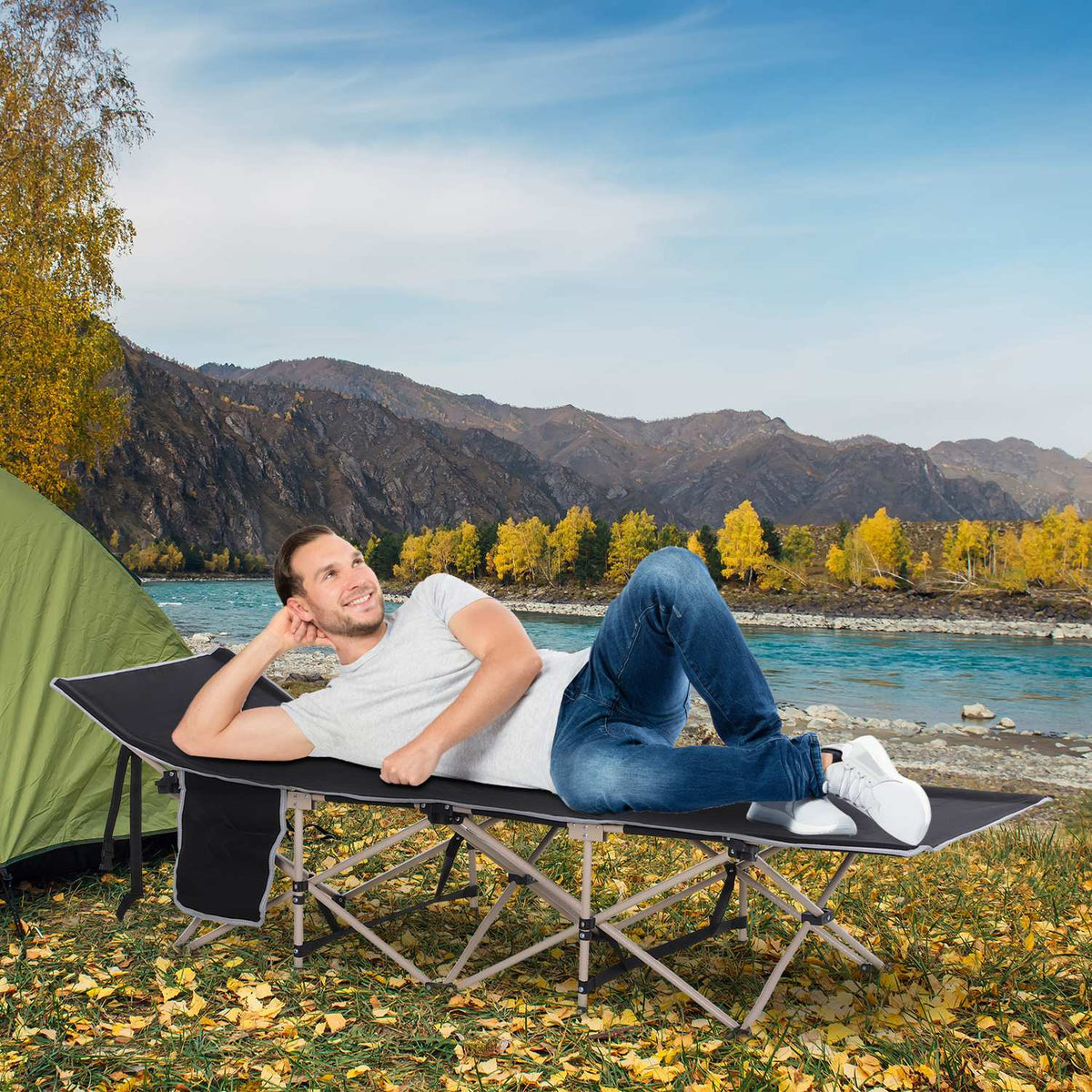 Camp Bed, Foldable Camping Bed, Camping Lounger with Storage Bag, Includes Carry Bag, Oxford, Black, 190 x 68 x 52 cm