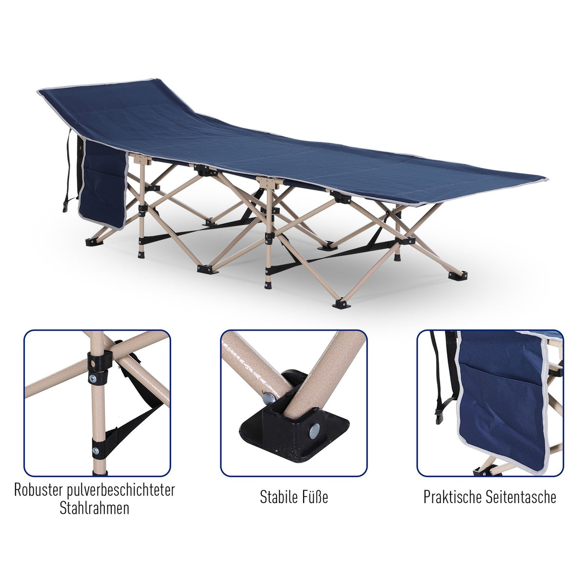 Camp Bed Foldable Camping Bed With Storage Bag, Steel & Oxford, Blue, 190X68X52Cm