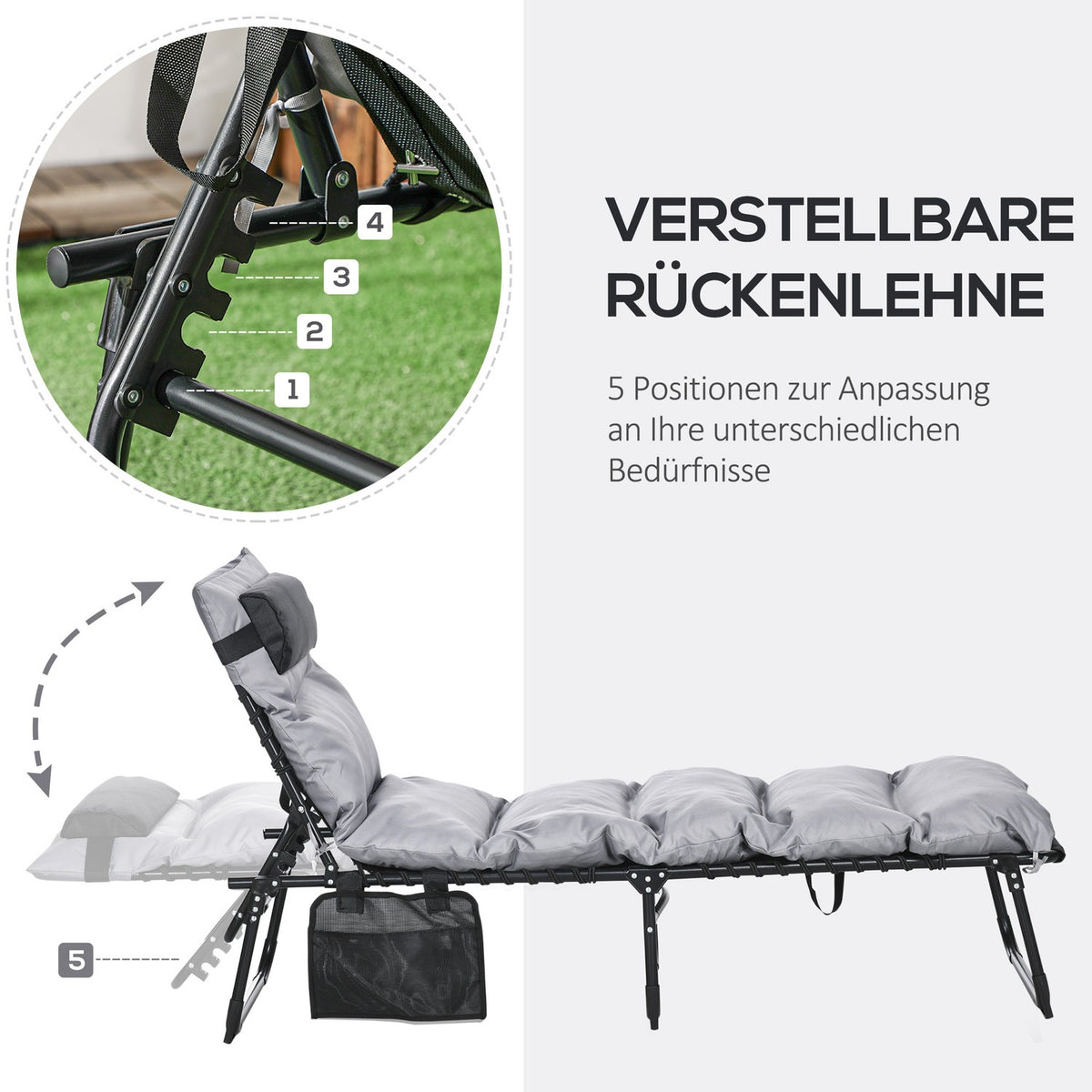 Camp Bed, Folding Bed, Camping Lounger With Bag, Adjustable With Pillows Up To 120 Kg, Light Gray, Steel, Polyester, 58 X 189 X 32.5Cm
