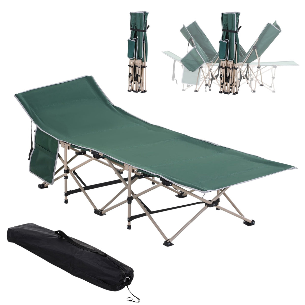 Camp Bed With Storage Bag, Foldable Camping Bed, Camping Lounger, Includes Carry Bag, Steel Oxford, Green, 190 X 68 X 52 Cm