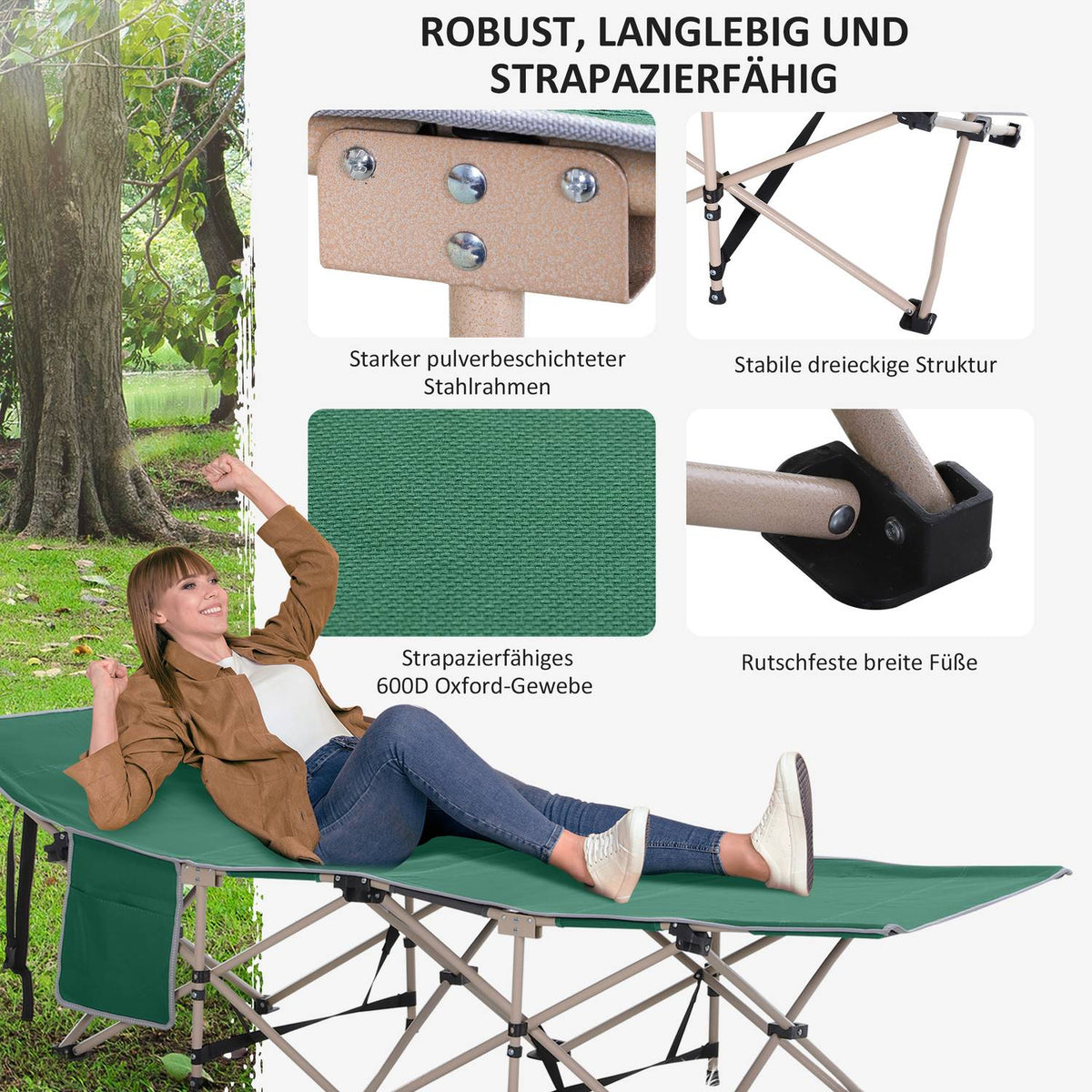 Camp Bed With Storage Bag, Foldable Camping Bed, Camping Lounger, Includes Carry Bag, Steel Oxford, Green, 190 X 68 X 52 Cm
