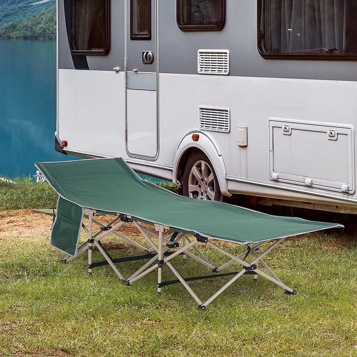 Camp Bed With Storage Bag, Foldable Camping Bed, Camping Lounger, Includes Carry Bag, Steel Oxford, Green, 190 X 68 X 52 Cm