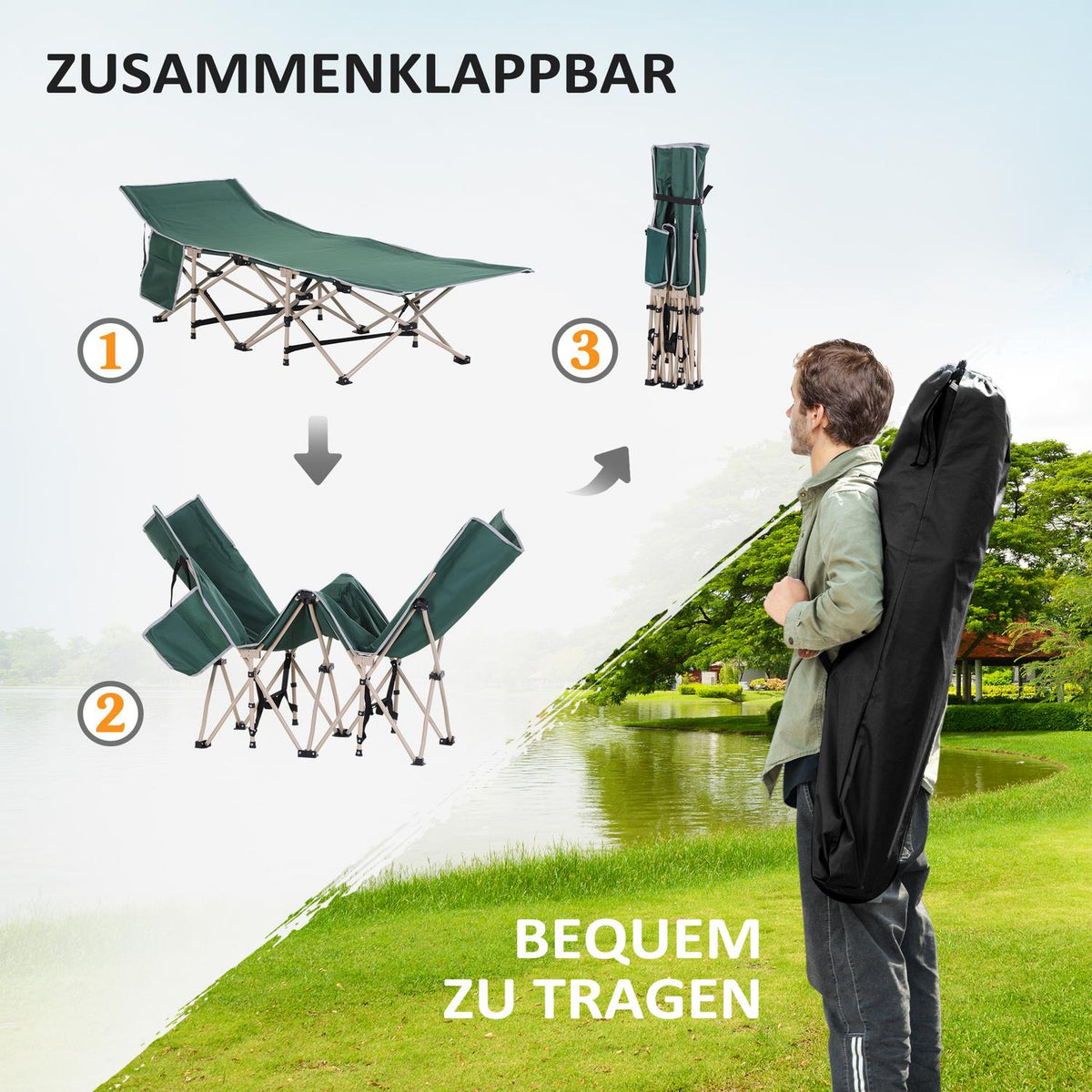 Camp Bed With Storage Bag, Foldable Camping Bed, Camping Lounger, Includes Carry Bag, Steel Oxford, Green, 190 X 68 X 52 Cm