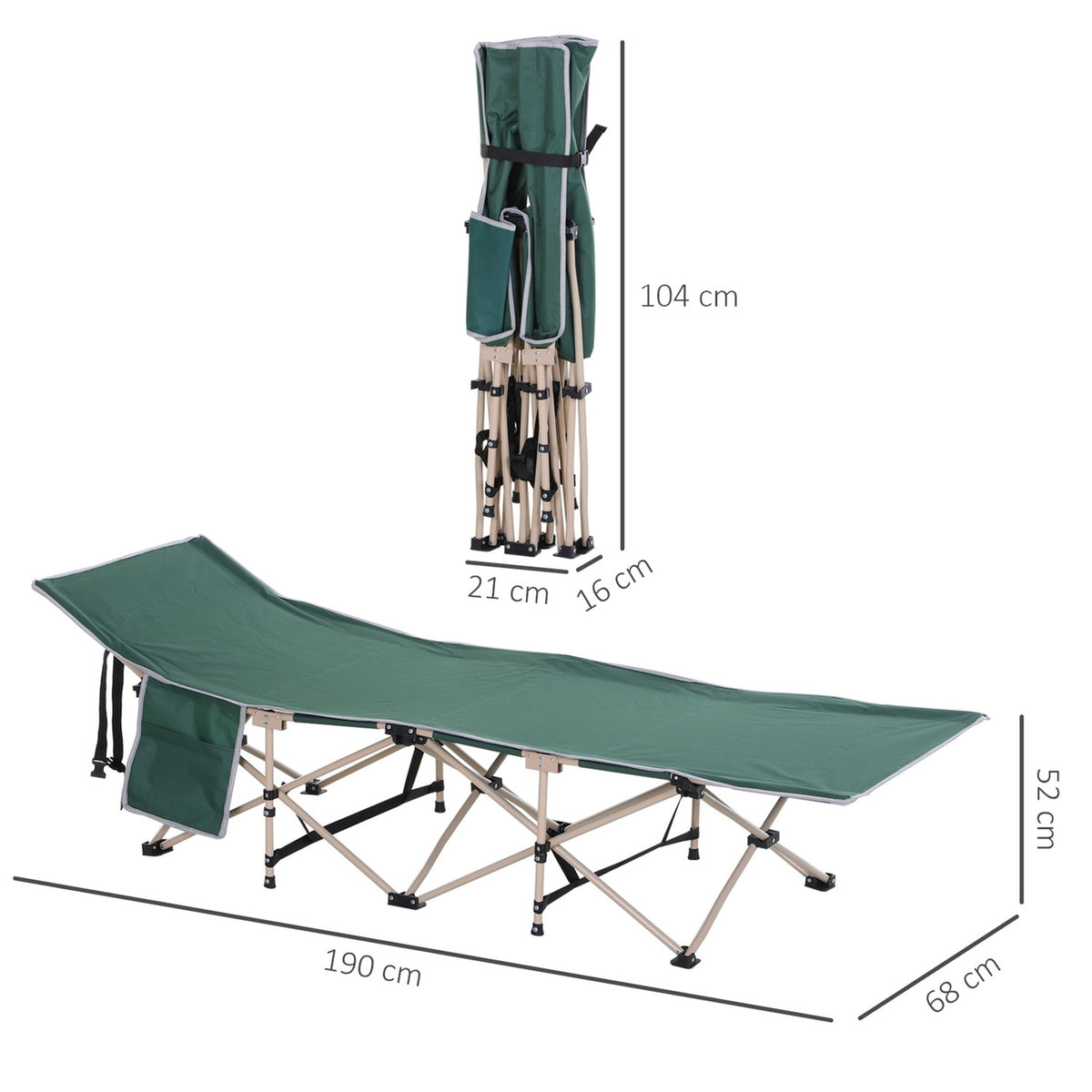 Camp Bed With Storage Bag, Foldable Camping Bed, Camping Lounger, Includes Carry Bag, Steel Oxford, Green, 190 X 68 X 52 Cm
