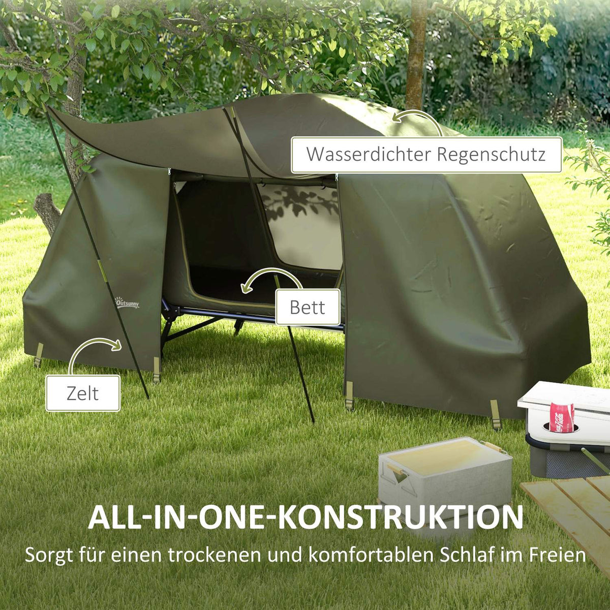 Camp Bed With Tent Camping Bed Raised Dome Tent With Uv Protection Including Carry Bag, Rain Cover, Adjustable Legs, Green Oxford 215 X 80 X 125 Cm