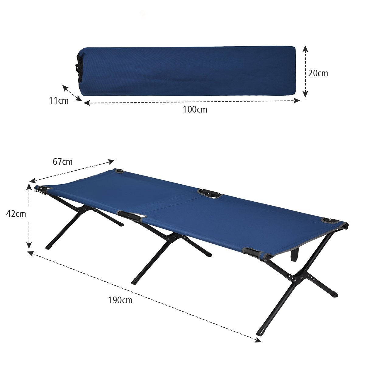 Camp bed, camping bed, metal frame, foldable folding bed, loads up to 135 kg, 190 x 67 x 42 cm, blue