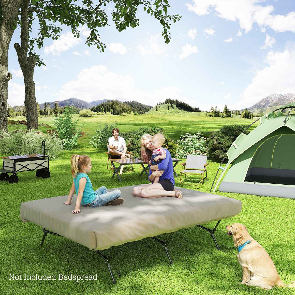 Camp bed camping bed with air mattress pump 200 x 153 cm guest bed load capacity up to 200 kg extra wide camping lounger for 2 adults for camping outdoor garden travel black + khaki