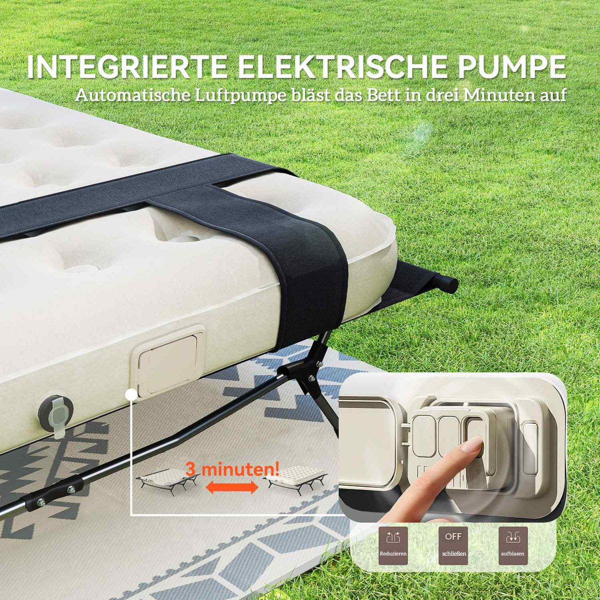 Camp bed camping bed with air mattress pump 200 x 153 cm guest bed load capacity up to 200 kg extra wide camping lounger for 2 adults for camping outdoor garden travel black + khaki
