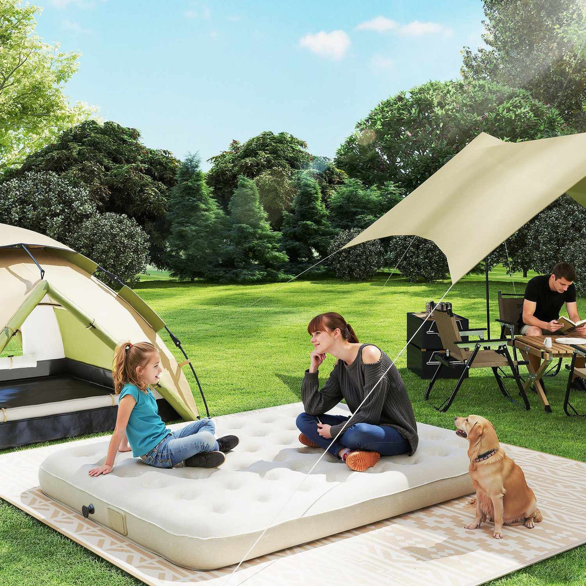 Camp bed camping bed with air mattress pump 200 x 153 cm guest bed load capacity up to 200 kg extra wide camping lounger for 2 adults for camping outdoor garden travel black + khaki