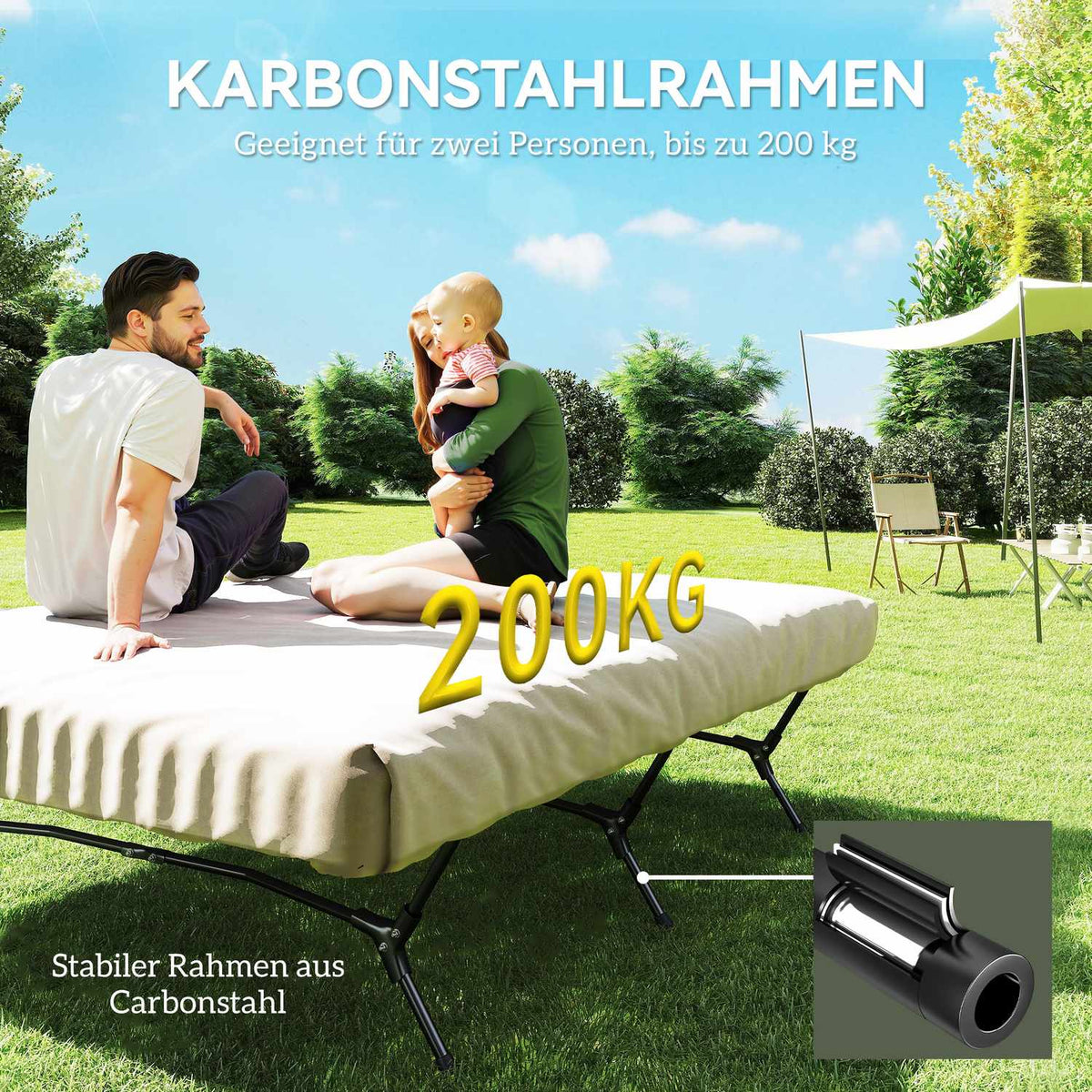 Camp bed camping bed with air mattress pump 200 x 153 cm guest bed load capacity up to 200 kg extra wide camping lounger for 2 adults for camping outdoor garden travel black + khaki