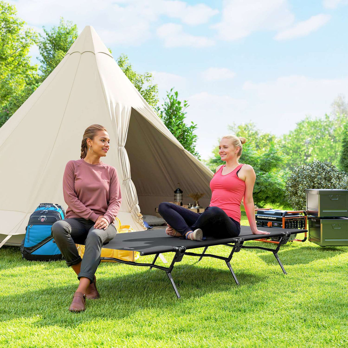Camp bed, foldable camping bed with carry bag, 200 x 100 x 36 cm, guest bed up to 120 kg, extra wide camping lounger for adults, folding bed for indoor, outdoor, garden, camping, travel, black