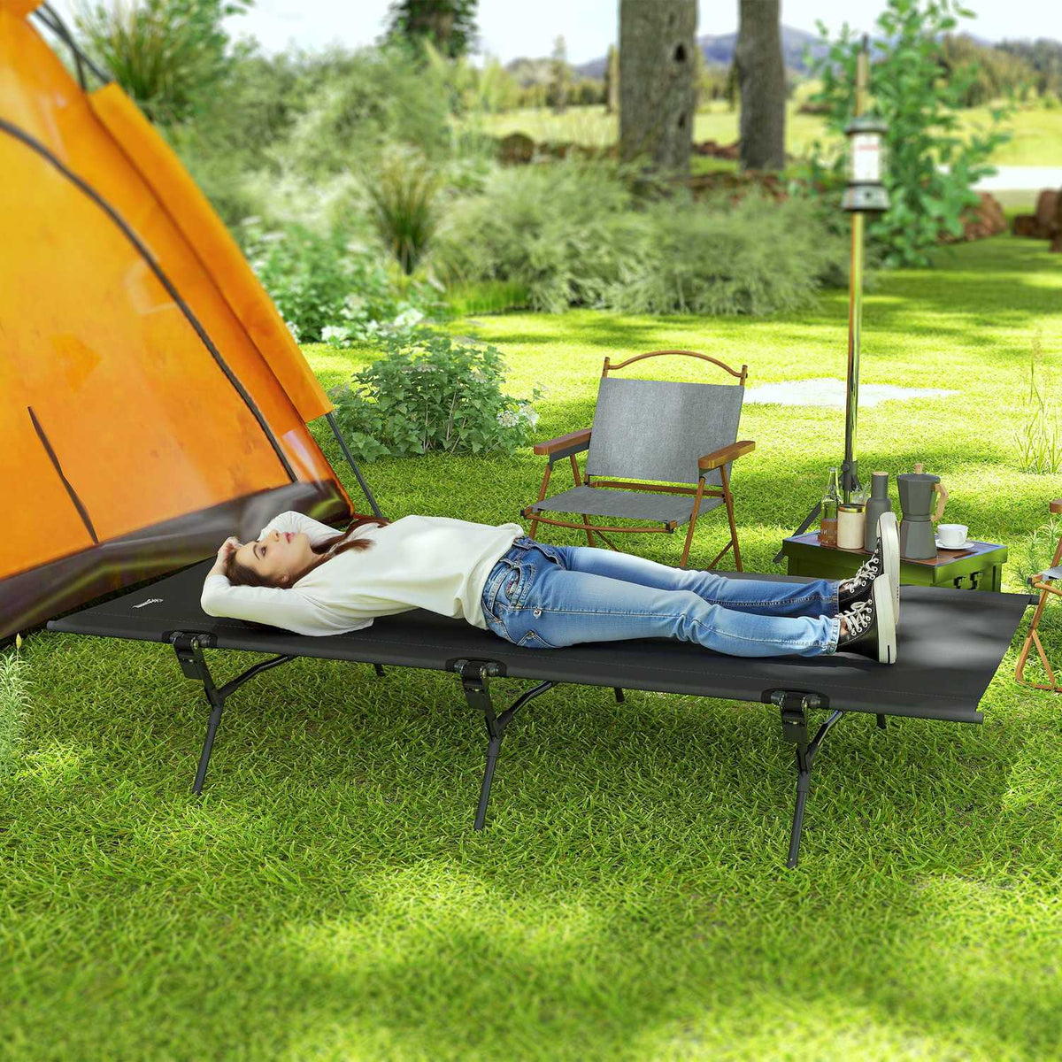Camp bed, foldable camping bed with carry bag, 200 x 100 x 36 cm, guest bed up to 120 kg, extra wide camping lounger for adults, folding bed for indoor, outdoor, garden, camping, travel, black