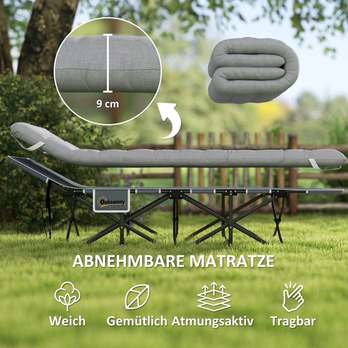Camp bed foldable camping bed with mattress pillow side pocket 190 x 65 x 37 cm camping lounger for adults guest bed up to 150 kg folding bed for outdoor, garden camping travel light gray |