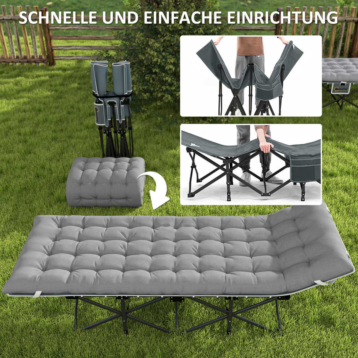 Camp bed foldable camping bed with mattress pillow side pocket 190 x 65 x 37 cm camping lounger for adults guest bed up to 150 kg folding bed for outdoor, garden camping travel light gray |