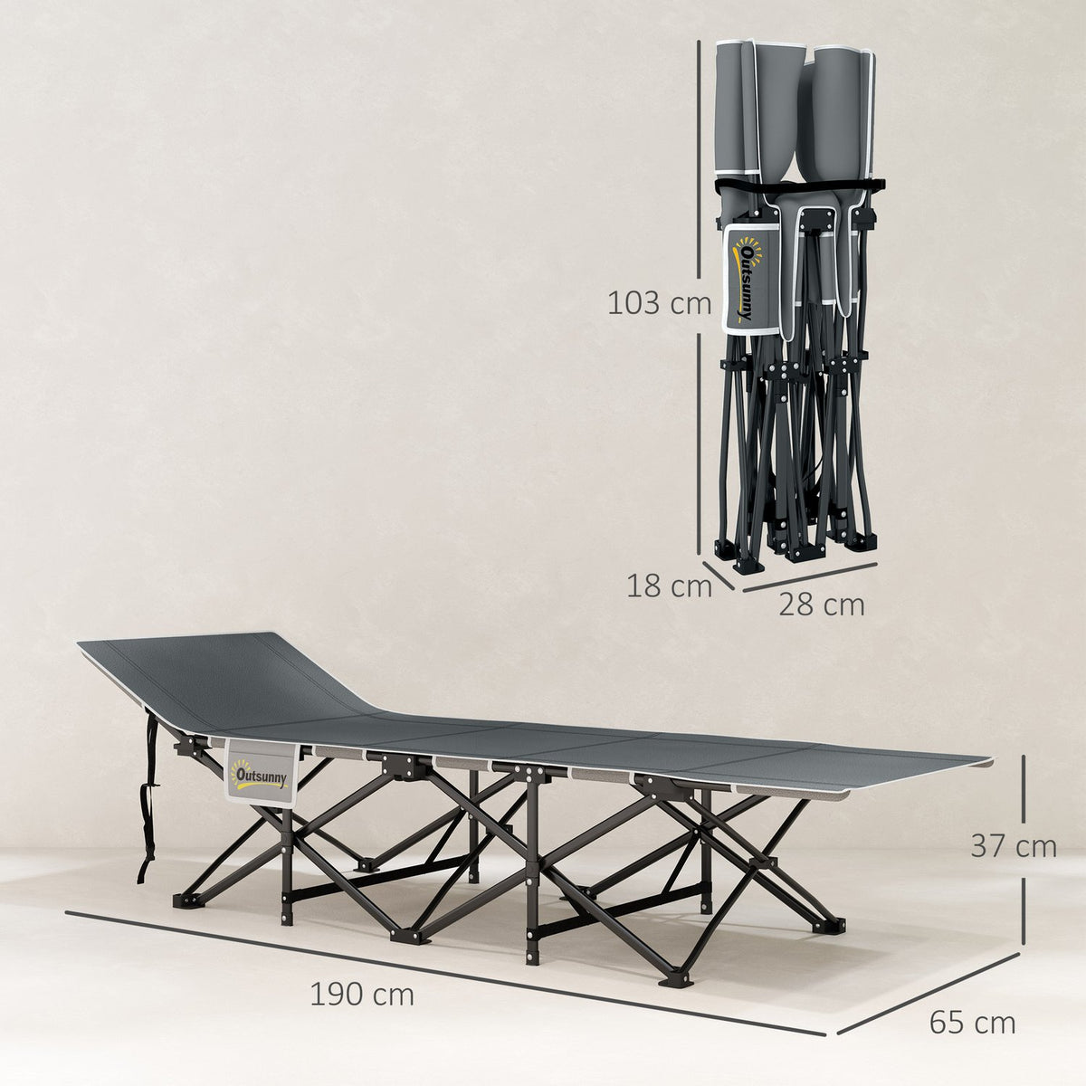 Camp bed foldable camping bed with mattress pillow side pocket 190 x 65 x 37 cm camping lounger for adults guest bed up to 150 kg folding bed for outdoor, garden camping travel light gray |