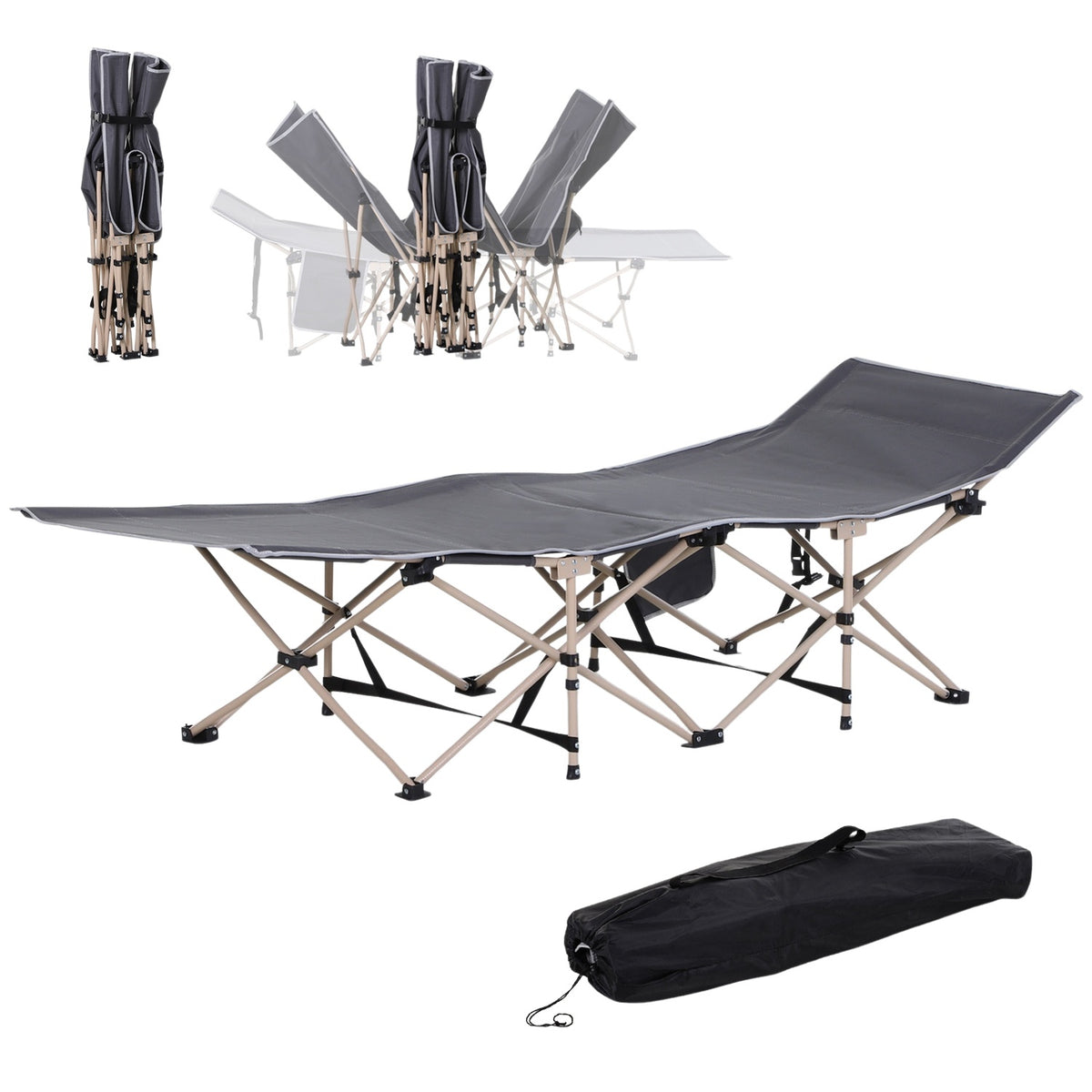 Camp bed with storage bag, foldable camping bed, camping lounger, including carry bag, steel Oxford, gray, 190 x 68 x 52 cm