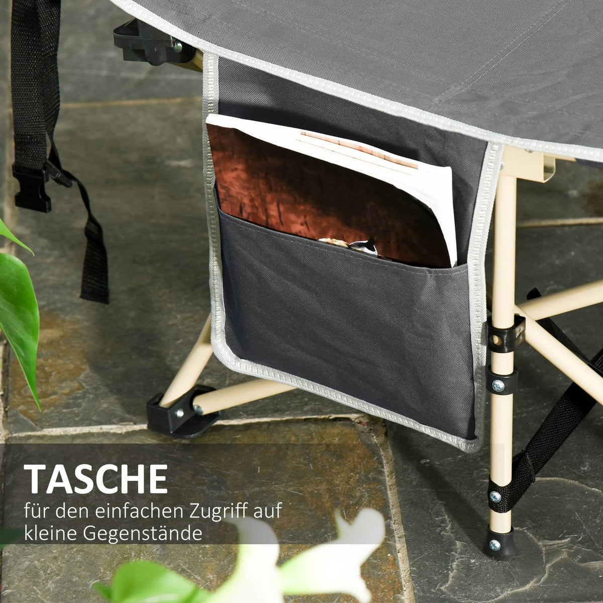Camp bed with storage bag, foldable camping bed, camping lounger, including carry bag, steel Oxford, gray, 190 x 68 x 52 cm