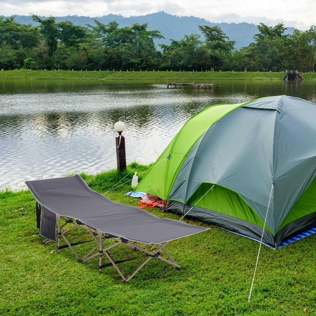 Camp bed with storage bag, foldable camping bed, camping lounger, including carry bag, steel Oxford, gray, 190 x 68 x 52 cm