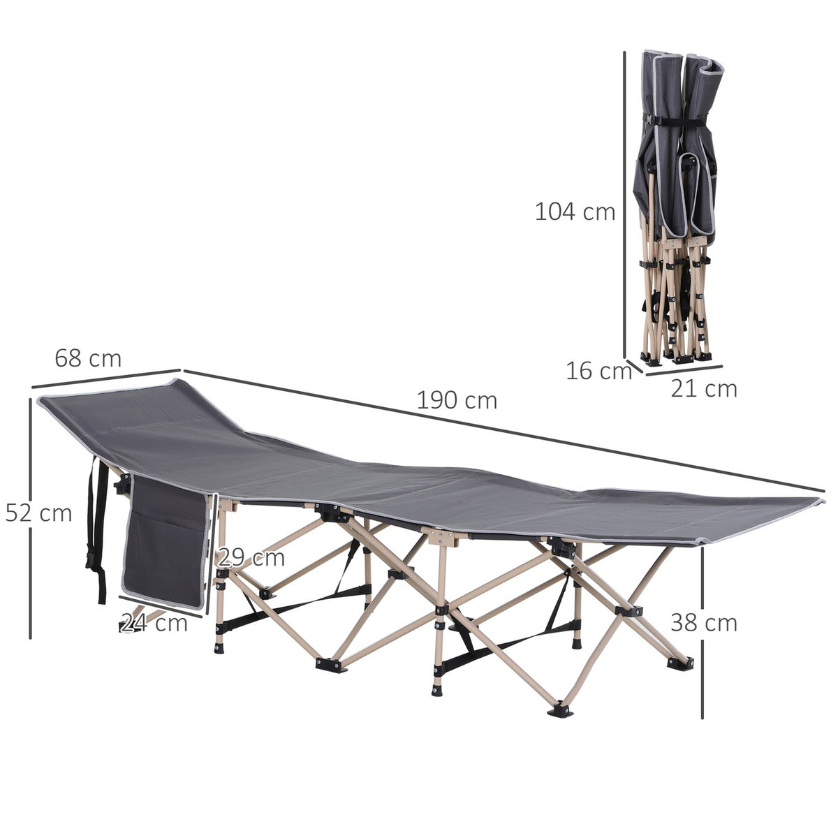 Camp bed with storage bag, foldable camping bed, camping lounger, including carry bag, steel Oxford, gray, 190 x 68 x 52 cm